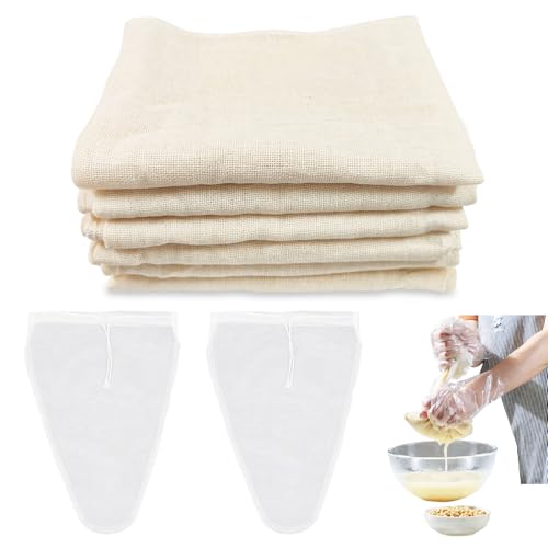 ZOCONE 6 Telas Filtrante 50 * 50cm Reutilizable y 2 Bolsas Filtro Leche Vegetal Paños de Queso Colador de Tela Filtrante Zumo Cafe Filtro Colador Cocina Paños de Filtro Algodón