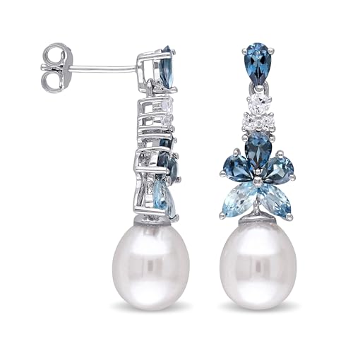 Ross-Simons 8.5-9mm Cultured Pearl and 2.30 ct. t.w. London, Sky Blue and White Topaz Drop Earrings in Sterling Silver3