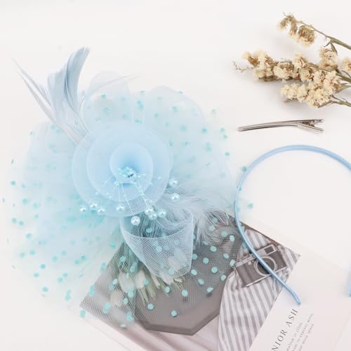 Image of DRESHOW Fascinators Hat Flower Mesh Ribbons Feathers on a Headband and a Clip Tea Party Headwear for Girls and Women