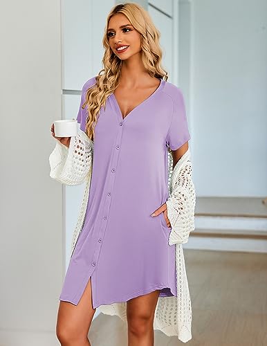 Image of Ekouaer Women's Button Down Nightgown Short Sleeve Sleepshirt V Neck Night Shirt Soft Pajamas Dress with Pockets