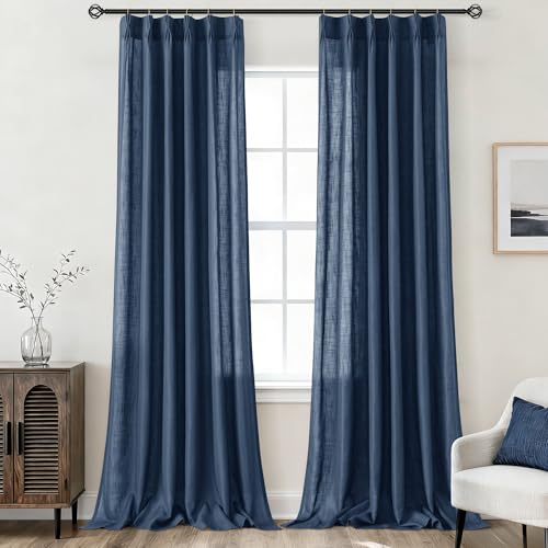 102 inch Long Pinch Pleat Linen Curtains 2 Panels Set for Living Room Sliding Door Natural Navy Blue Light Filtering Semi Sheer Window Curtain Neutral Elegant 102 Inch Pleated Drapes with Hooks Rings