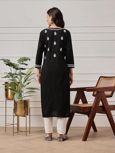 Image of Ada Women's Cotton Straight Fit Tunic Hand Embroidered Straight Lucknow Chikankari Kurta Kurti A411435