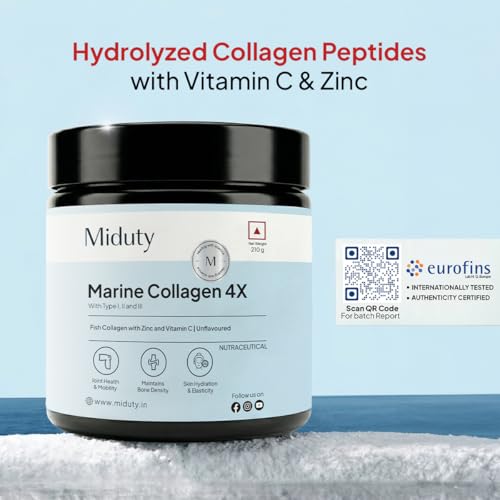 Image of Miduty Marine Collagen Powder with Vitamin C & Zinc | Hydrolyzed Collagen Peptides | Wild-caught Fish | Type 1, 2 & 3 for Skin Elasticity, Hair, Nails, Joints & Bone Support | 210g