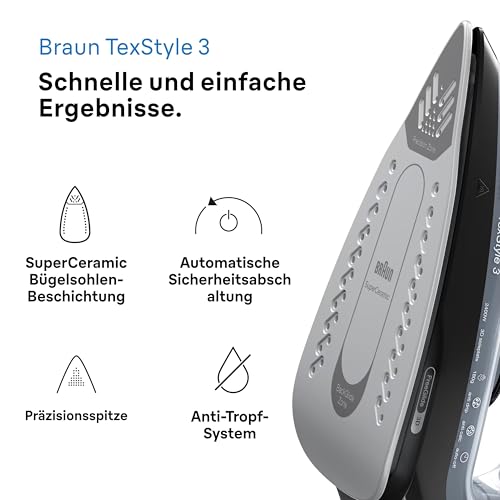 Braun Dampfbügeleisen TexStyle 3 SI3055BK, FreeGlide 3D-Technologie, Bügelsohle mit Keramikbeschichtung, automatische Abschaltung, kurze Aufheizzeit, einfache Nachfüllung (220 ml), 2400 W, Schwarz