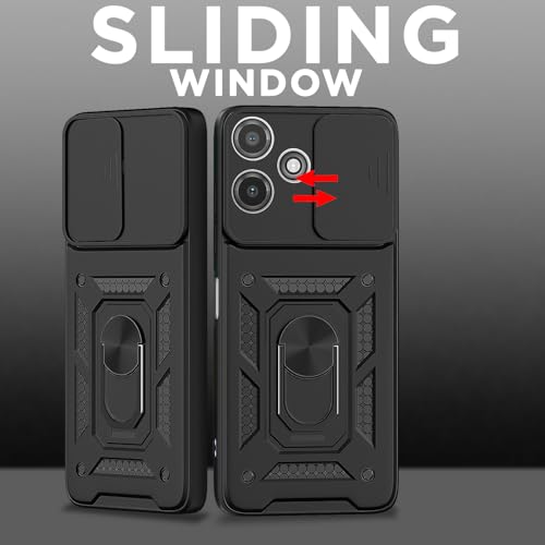 Image of Pikkme D10 Tough Armor Bumper Case | 360 Protection Case | Sliding Camera Shield Cover & Ring Holder Stand Back Cover for Redmi 12 5G / Poco M6 Pro 5G (Black)