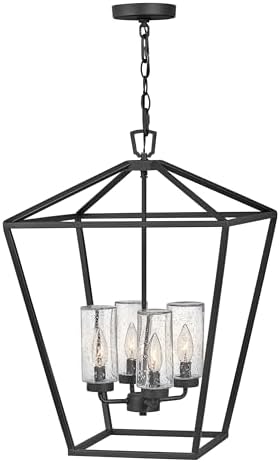 Hinkley Alford Place 2567MB Large Outdoor Open Cage Chandelier, Die Cast Aluminum Frame, Colonial-Style Candelabra, Clear Seedy Glass Shades, Museum Black