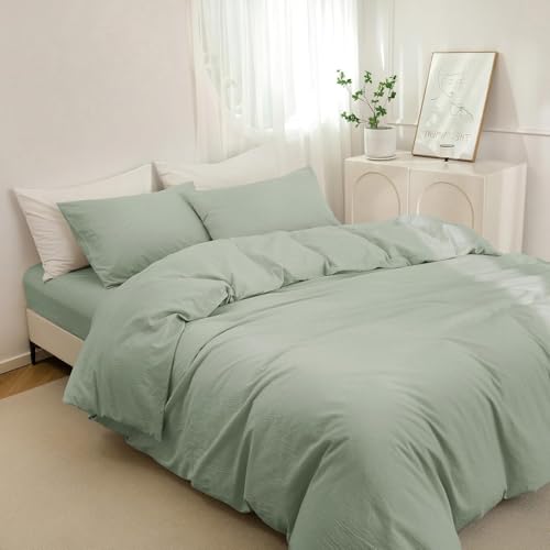 Image of Viewstar Premium Cotton Duvet Cover, King Size 91x101 Inches, 300 Thread Count, Ultra-Soft, Wrinkle-Free, Cotton-Quilt /Comforter Zipper Cover (Sage Green)