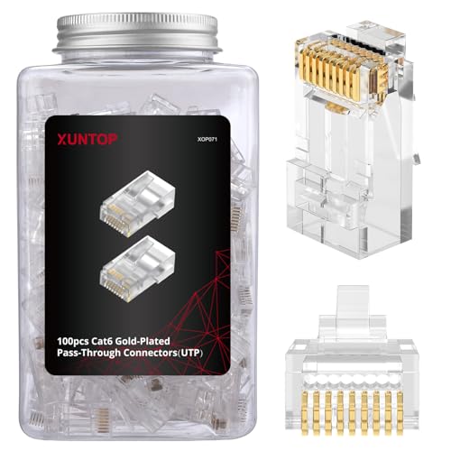 XUNTOP 100-Pack RJ45 Connectors for Cat6 Cat5 Cat5e Gold-Plated RJ45 Pass Through Connector Cat6 Connector for Solid/Stranded 23-24AWG UTP Ethernet Cable