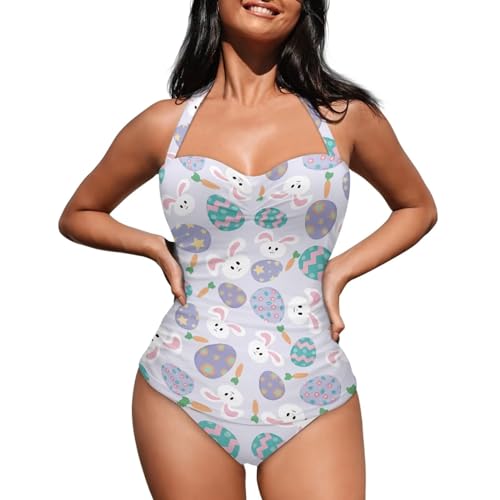 Gzzxiailg Bunny Cute Eggs Swimsuit for Womens Vintage Backless Halter Bikini Retro Push Up Bathing Suit Slimming Wrapped Swimwear Plus Size Easter Gifts