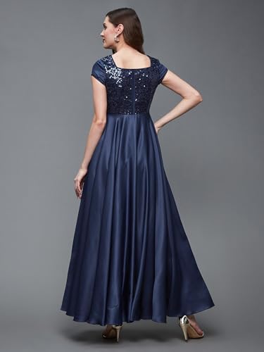 Image of Miss Chase Women's Halter-Neck Cap-Sleeve Pleated Embellished Georgette Maxi Dress