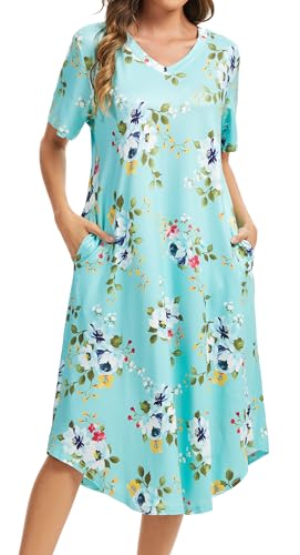 Image of Kabento Nightgowns for Women Cotton Short Sleeve Long Night Gowns with Pockets