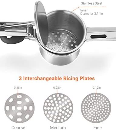 WILLIZTER Stainless Steel Potato Ricer Masher Mashed Potato with 3 Interchangeable Discs Cutter Puree Pressing Vegetable Fruit Masher Kitchen Gadgets