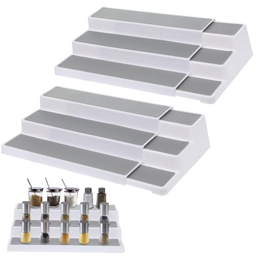 wutfuooo 2 Pack 3 Tier Expandable Spice Rack Organizer, White/Grey Plastic Spice Rack, Adjustable Length 14.6-25.8In, Non-Skid Tiered Spice Shelf Organizer for Kitchen Cabinet, Cupboard, Pantry