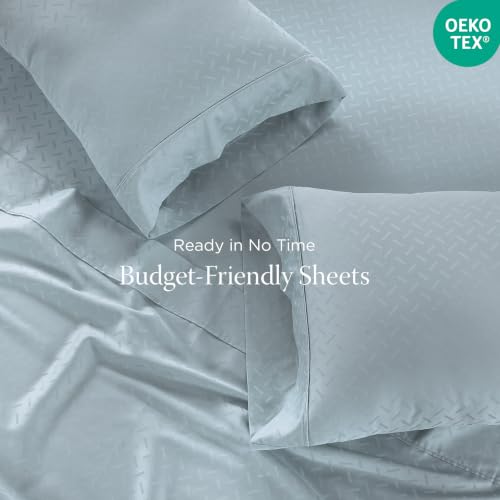 Image of Threadmill 300 Thread Count Cotton Queen Sheet Set, Sateen, Jacquard, Blue | 100% Cotton, Sateen Weave, Jacquard Pattern, 4-Piece Set, 16 inch Deep Pocket, Cooling, Fade-Resistant, Pill-Resistant
