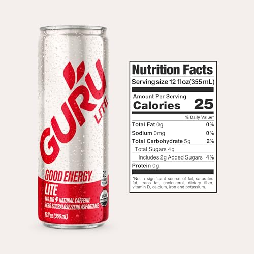 Image of GURU Energy Drink Lite, Organic Sparkling Energy Drink with Real Fruit Juice, 140 MG Natural Caffeine for Workouts, Performance & Midday Boost, Plant Based, Gluten Free, 12 Fl Oz, 12 Pack