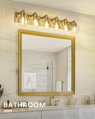 Image of Bathroom Light Fixtures, 6 Light Brushed Gold Vanity Light, 38 Inch Modern Wall Sconces with Globe Clear Glass Shade, Vanity Lighting Fixtures Over Mirror, VL195-BG-6