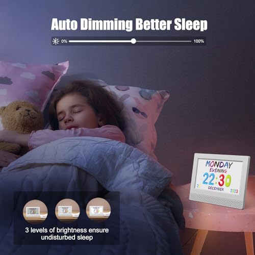 Image of Kids Digital Alarm Clock with Voice Scene Reminders, 7 inch Eye-Caring Display | Watercolor Wallpapers, Auto Dimming DST /Calendar Clock, Sleep Trainer Easy Setup Gift-Ready Box for Kids Birthday with Remote