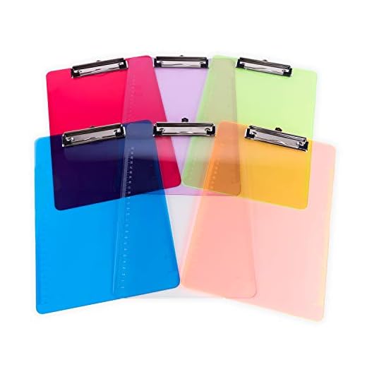 Slim Plastic Transparent Thin Lightweight Colorful Fun Clipboard with Ruler Measurements, Hanging Hook for Portable Classroom Children Teacher College Size (9" x 12.5") (6 Pack)