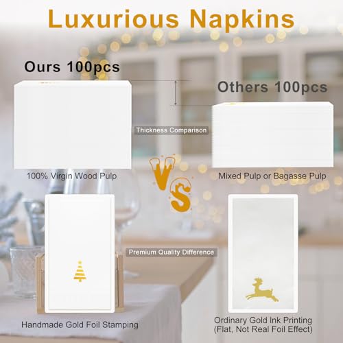 Tbsone Christmas Paper Napkins Disposable: Guest Dinner Hand Towels, Gold Foil Christmas Trees Design for Table Decor, Bathroom, Home, Kitchen, Holiday Cocktail Party (50 Pack) – Image 8
