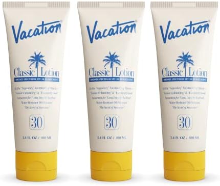 Vacation Classic Sunscreen Lotion SPF 30 3-Pack, Water Resistant Broad Spectrum Sunscreen Sun Block, Vegan Sun Tanning Lotion, Body Lotion with SPF, Travel Size Sunscreen, 3.4 fl. Oz. (Pack of 3)