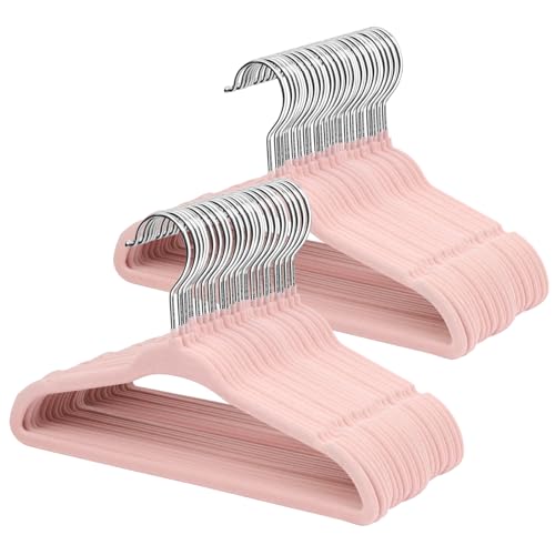 Image of ManGotree 11" Baby Velvet Hangers, Non-Slip Infant Coat Hangers, Ultra-Thin Toddler Felt Hanger with 360° Swivel Hook, Space Saving Children's Hanger for Kids Clothes, 48 Pack (Light Pink)