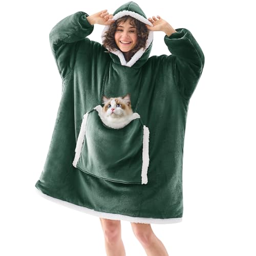 JOYWOO Green Wearable Blanket Hoodie,Oversized Cat Lovers Sweatshirt Blanket for Adult, Birthday Gifts for Women Mom grandma,Cozy Hooded Blanket with Giant Pocket Winter Gifts,Dark Green Standard