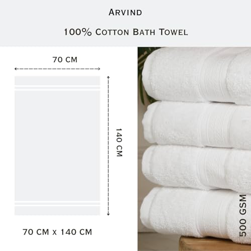 Image of Arvind 100% Cotton Towels for Bath | Towels for Bath Large Size | 500 GSM Bath Towel - Soft & Absorbent | 4 Piece Bath Towel for Men /Women | Urban Comfort | 70 cm x 140 cm - White