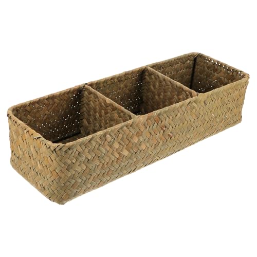 HOMSFOU Caja de Almacenamiento Tejida de Hierba Marina Natural 3 Compartimentos, Organizador Hogar, Contenedor Multifuncional para Artículos Diversos, Color Original