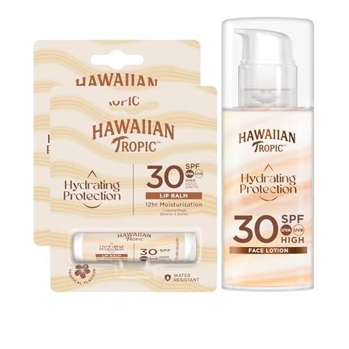 Hawaiian Tropic Silk Hydration Air Soft Face SPF 30 - Pack Protección Solar para el Rostro, Crema Hidratante Facial con Protección + 2 bálsamos labiales, protección Alta, SPF 30