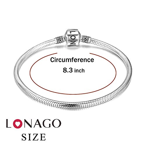 Lonago Genuine Charm Bracelet 925 Sterling Silver Snake Chain Bangle Barrel Clasp Jewelry Fit Snake Charm Birthday Gift For Women (8.3 Inches/21 Cm) #TOP1