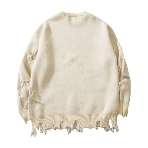 Men's Spring & Fall Skull Print Ripped Drop Shoulder Sweater, Casual Loose Comfy Long Sleeve Round Neck Pullover Knitwear2