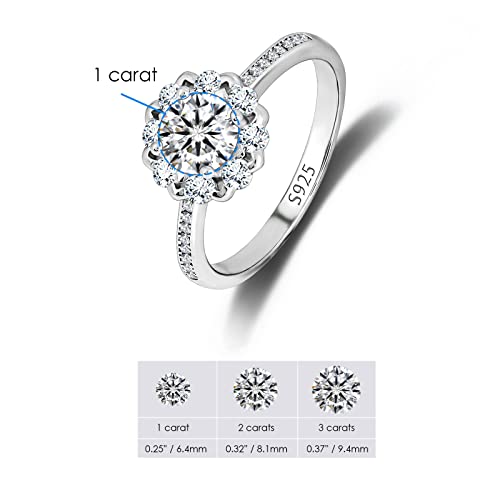 Women Moissanite Flower Engagement Rings: Solid 925 Sterling Silver 1 Carat Halo Wedding Ring for Lady- Gemstone Diamond Dainty Fashion Simple Eternity Promise Jewelry Gift for Her2