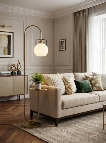 Image of Divine Trends Modern Table Shelf LED Floor Lamp Standing Brass Antique Finish 5ft Height with Shelf Diameter 10 Inches and Glass Milky White Globe Lampshade (Pack of 1)