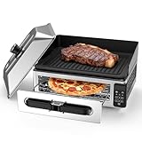 OLIXIS Electric Grill Indoor for Steak and Veggies, Smokeles Griddle with Lid for Kitchen Cooking, Countertop Oven Includes Temp Control/Grill Plate/Splash Guard/Crumb Tray