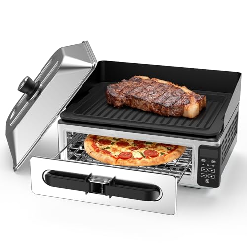 OLIXIS Electric Grill Indoor for Steak and Veggies, Smokeles Griddle with Lid for Kitchen Cooking, Countertop Oven Includes Temp Control/Grill Plate/Splash Guard/Crumb Tray, Silver
