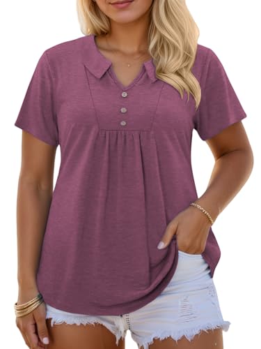 ROSRISS Womens Plus Size Tops Summer Fashion Short Sleeve Tees Casual Collared Polo Shirts Loose Fit Button Blouses XL-5XL2