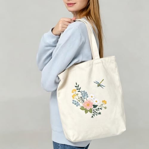 Image of Canvas Tote Bag Embroidery Kit, Embroidery Kits for Beginners, Arts and DIY Crafts Embroidery Starter kit, Include Stamped Embroidery Bag, Threads, Embroidery Tools (Beige Bag with Dragonfly 2)