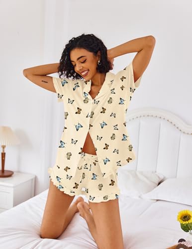 Image of Ekouaer Pajamas Set for Women Short Sleeve Sleepwear Button Down Pjs Lounge Sets Soft Nightwear