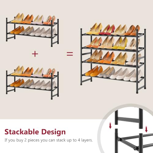 Image of Tajsoon Expandable Shoe Rack for Closet 2 Tier, 28 inch-41 inchStackable, Black
