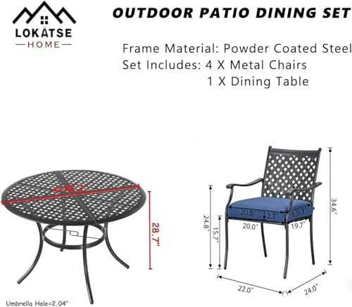 Image of LOKATSE HOME 5 Piece Outdoor Patio Metal Dining Set with 4 Outdoor Iron Arm Dining Chairs with Seat Cushions and 1 Outdoor Dining Table with Umbrella Hole-Blue
