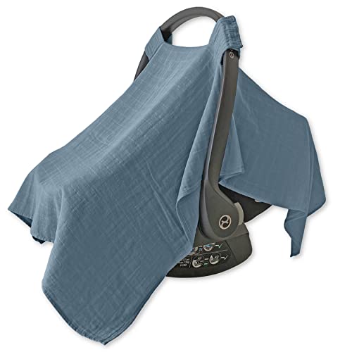 Image of MOZAH 100% Organic Muslin Baby Carrier Cover Car Seat Cover Baby Boy Car Seat Cover Baby Carseat Cover (Blue Mirage)
