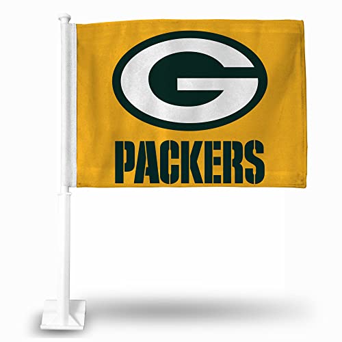 Rico Industries NFL Football Green Bay Packers Yellow Double Sided Car Flag - 16'' x 19'' - Strong Pole That Hooks onto Car/Truck/Automobile