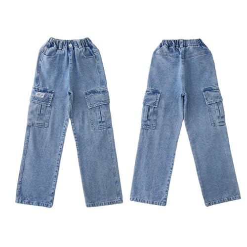 Kids Girls Streetwear Denim Cargo Pants High Elastic Waist Length Baggy Wide Leg Jeans Clothes Vintage Trousers (c-A, 4-5 Years)3