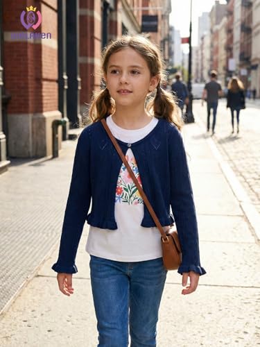 Image of Girls Cotton Knit Shrug Cardigan with Long Sleeve Ruffle Hem