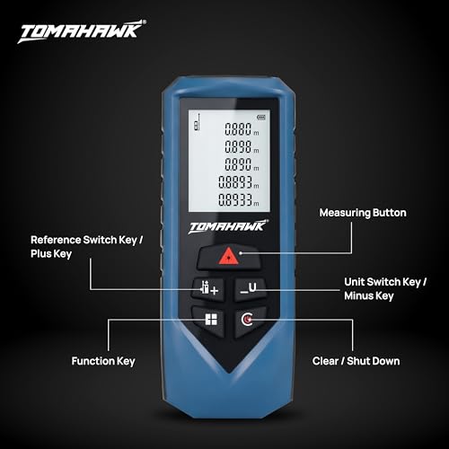 Image of TOMAHAWK TFR-0600 LT Laser Distance Measurer, 60m /194ft Range | Laser Class 2, Range up to 60 m, ±2 mm | Versatile Laser Measuring Device | IP54 Waterproof Level | Backlit LCD, Batteries Included