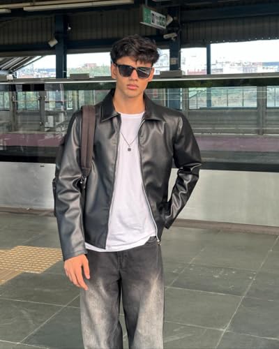 Image of Men's Faux Leather Jacket | Premium PU Leather Casual Winter Jacket for Men | Stylish Zip-Up Streetwear Biker Outerwear for Travel Party Riding Daily Wear