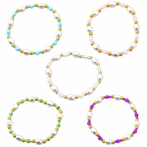 Image of HOBBIESAY 5Pcs Natural Pearl Beaded Bracelet for Women Stretch Summer Pearl Bracelet Set Handmade Gemstone Bracelets Jewelry Stackable Bracelets with Faceted Glass Beads for Women 1.88 Inch