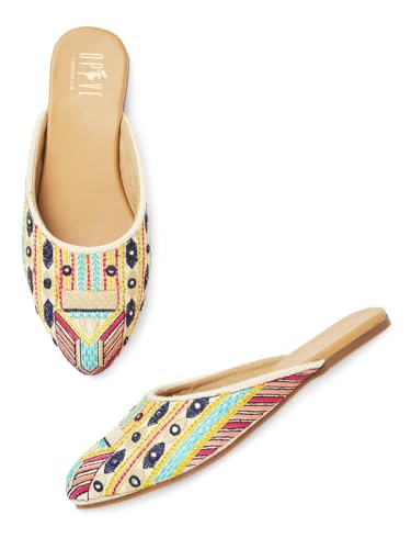 Image of OPIVE's Women's Mojari Jutti Ethnic Punjabi Juttis Traditional Flat Embroidered Canvas Fancy Bellies|Attractive Design PVC Sole for Womens & Girls(of WHITE-38)