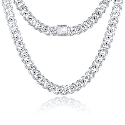 12MM Moissanite Cuban Link Chain Necklace Real 18K White Gold Plated 925 Sterling Silver Necklace Full Moissanite Bling Diamond Necklaces Miami Cuban Chain Iced Out Hip Hop Rappers Jewelry Mens Chain