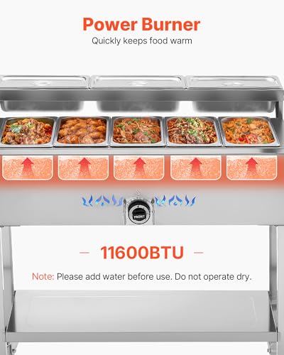 Image of VEVOR Commercial Propane Steam Table, 5 Food Pans & 3 Condiment Pans, LP Gas Outdoor Soup Warmer with Drain Valve and 3 inch Wheels, Stainless Steel Propane Food Warmer with Adjustable Temp for Outdoor